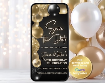 Puede incluir: Una invitación digital en la pantalla de un smartphone para una celebración de 50 cumpleaños. El diseño presenta globos dorados y negros, con el texto "Save the Date" en una elegante escritura. La invitación incluye el nombre "Jasmine Walker" y la fecha.