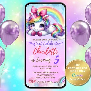 Digital Unicorn Birthday Party Invitation for Girl, Any Age, Girl&#39;s Unicorn Birthday Invite - Instant Download Phone Invite