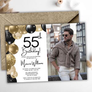 55th Birthday Invitation for Men with Photo – Black and Gold Balloons – Any Age Editable Invite, Brunch or Dinner, Digital or Printable 7x5&quot;