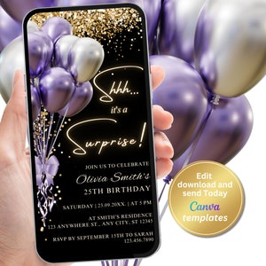 Editable Surprise Birthday Party Invitation, Purple Gold Surprise Invite, Editable Template, Evite, Instant Download, Phone Evite