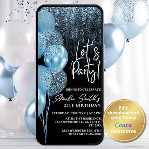 Digitale zwarte babyblauwe verjaardagsuitnodiging voor verjaardagsfeestje, zwart blauwe uitnodiging, bewerkbare sjabloon, elke leeftijd, Evite, Instant Download, telefoon Evite