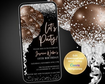 Digital Black Brown Birthday Party Invitation, Balloons Invite, Phone Text Message, Digital Invite, Editable Template, Instant Download