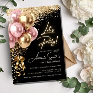 Editable Black Gold Pink Birthday Party Invitation, Printable 5x7 Invitation, Evite, Editable Template, Instant Download