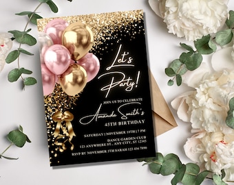 Black Gold Pink Birthday Party Invitation, Editable 5x7 Template (Digital Download)