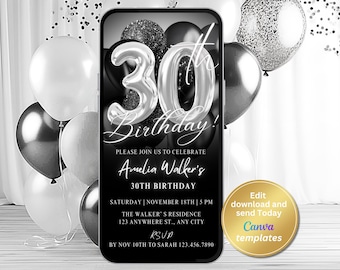 Digital 30th Birthday Party Invitation, Black Silver Invite, Phone Text Message, Digital Invite, Editable Template, Instant Download