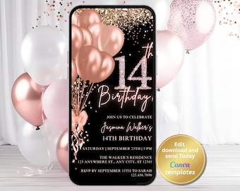 Digital 14th Birthday Invitation, Rose Gold Party Invite, Editable Phone Template, Instant Download