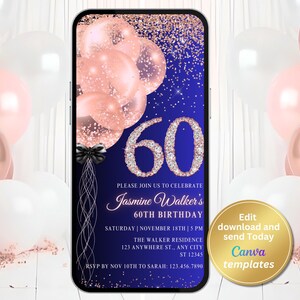 Digital 60th Birthday Invitation, Royal Blue and Rose Gold Invite, Phone Text Message, Digital Invite, Editable Template, Instant Download