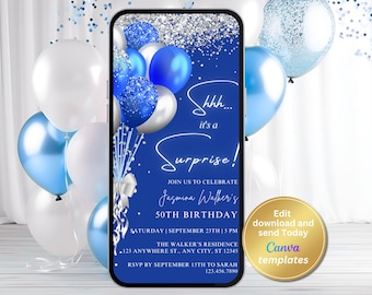 Digital Surprise Birthday Party Invitation, Royal Blue Silver, Sapphire Blue, Phone Text Message Evite, Editable Template, Instant Download
