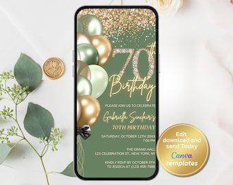 Sage Green Gold 70th Birthday Invitation, Digital Invite for Women, Editable Template, Instant Download