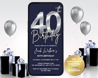 40th Birthday Invitation for Men, Navy Blue Party Invite (Canva Template)