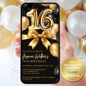 Digital 16th Birthday Invitation - Sweet Sixteen - Black and Gold Theme, Phone Invite, Editable Template, Instant Download