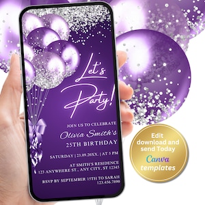 Digital Purple Birthday Party Invitation, Purple Silver Invite, Editable Template, Evite, Instant Download, Phone Evite, E-Invite