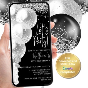 Digital Black White Birthday Party Invitation, Silver Glitter,  Electronic Phone Text Message Evite, Editable Template, Instant Download