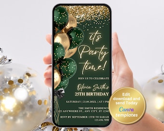 Geburtstagseinladung Smaragd Grün Gold, Elegantes Glitzern Party Evite (Digitaler Download)