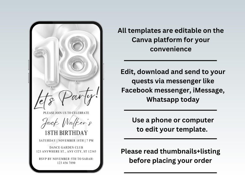 18th Birthday Invitation, Modern Minimalist Editable Digital Phone ...