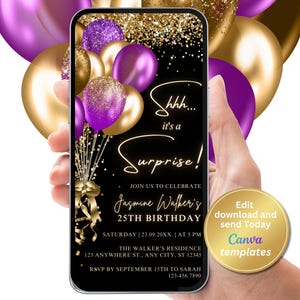 Geburtstagseinladung lila Gold Überraschung, bearbeitbare Vorlage, Sofort Download