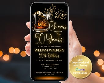 Cheers to 50 Years Birthday Invitation - Whiskey Theme for Men - 50th Party Digital Phone Invite - Editable Template - Instant Download