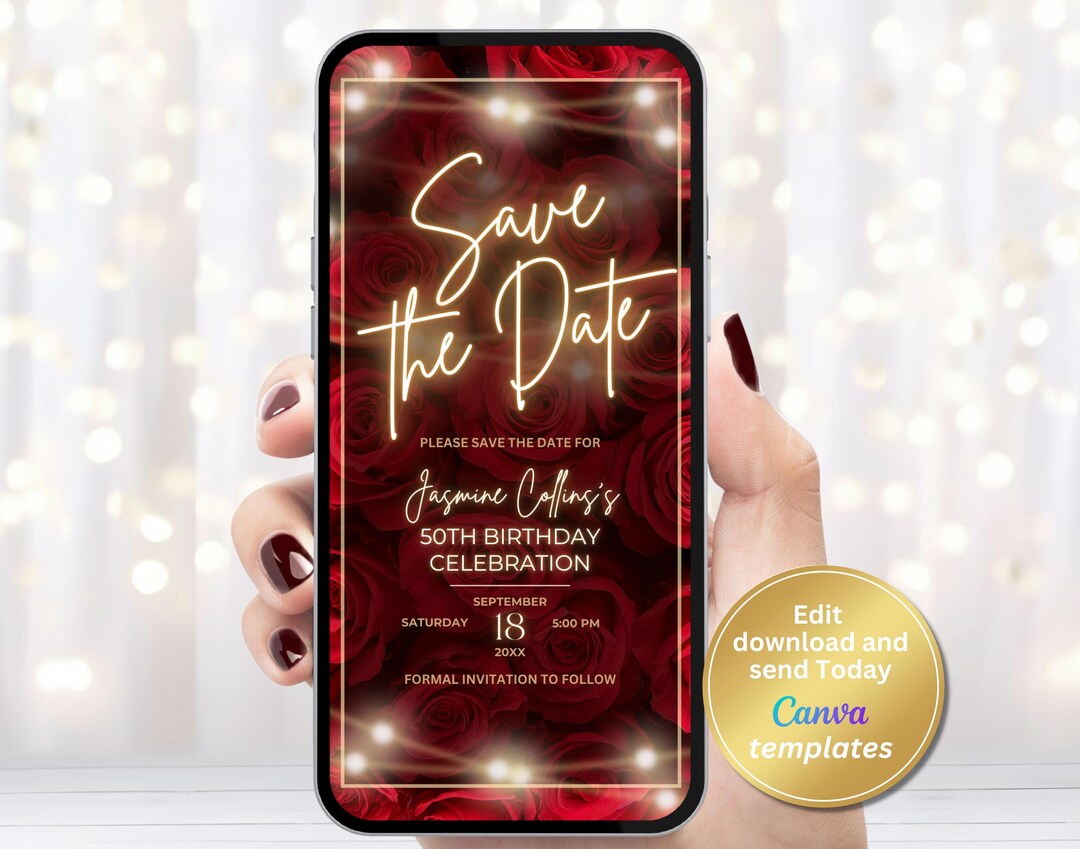 Red Roses Save the Date Invitation, Editable Canva Template, Floral ...