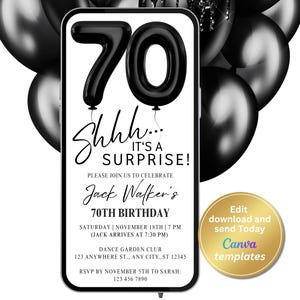 Invitación sorpresa de 70 cumpleaños para él – 70 globos de aluminio negro – Invitación digital minimalista editable – Cena de caballeros con invitación para teléfono