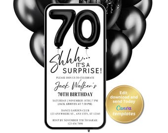 Överraskningsinbjudan till 70-årsdag för honom, svarta folieballonger med 70 ballonger, redigerbar minimalistisk digital inbjudan