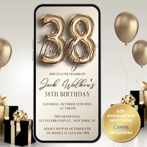 Może przedstawiać: Cyfrowe zaproszenie w kolorze złotym i białym na 38. urodziny. Zaproszenie zawiera złoty balon z numerem 38, tekst "Jack Walker's 38th Birthday", datę i godzinę imprezy, lokalizację oraz informacje RSVP. Zaproszenie jest otoczone złotymi balonami i pudełkami z prezentami.