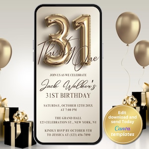 Può includere: Invito a una festa di compleanno di 31 anni con un palloncino numero 31 dorato, una scatola regalo nera e dorata e il testo "Unisciti a noi per festeggiare il 31° compleanno di Jack Walker".