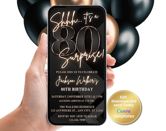 80th Surprise Birthday Invitation for Him, Black Gold Digital Invite, Editable Canva Template, Men's Birthday Evite, Instant Download