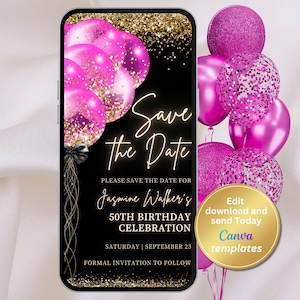 Digital schwarz Hot Pink Save The Date Einladung, Hot Pink Gold Glitter Luftballons einladen, Textnachricht, bearbeitbare Vorlage, Sofort Download