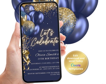 Electronic Navy Gold Birthday Party Invitation, Navy Blue Gold Balloons, Phone Text Message Evite, Editable Template, Instant Download