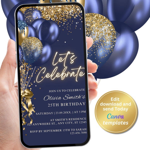 Electronic Navy Gold Birthday Party Invitation, Navy Blue Gold Balloons, Phone Text Message Evite, Editable Template, Instant Download