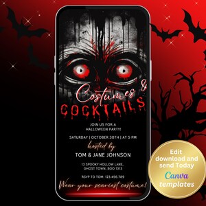 Faire-part d&#39;Halloween pour costumes et cocktails numériques, modèle d&#39;Halloween modifiable, téléchargement immédiat