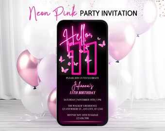 Hot Pink Neon 11th Birthday Invitation | Hello 11 Phone Template for Girls | Neon Butterfly Digital Text Message Invite Any Age Canva