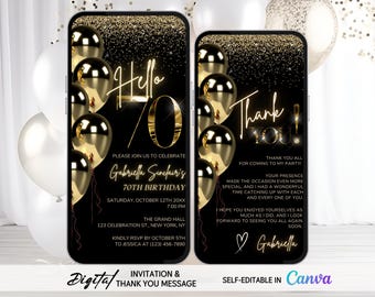 70th Birthday Invitation, Editable Template, Matching Thank You Message, Black Gold Digital Invite