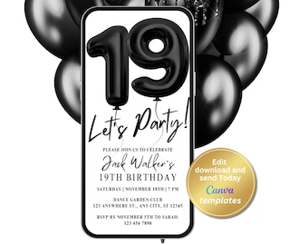 Modern Minimalist Black and White 19th Birthday Party Invite - Editable Template - Instant Download for Teen Boys and Girls