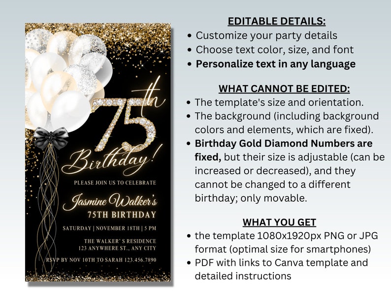75th Text Editable 75th Birthday Invitation Template, Digital Download - Etsy
