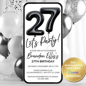 Minimalist 27th Birthday Invitation: Black Balloon Numbers, Modern Phone Evite (Digital Download, Canva Template)