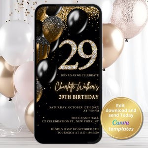 Elegant Black Gold 29th Birthday Invitation - Editable Template with Gold Diamond Numbers - Instant Download - Birthday Invite for Women