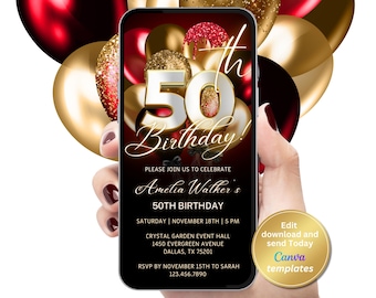 50th Birthday Invitation for Women, Balloons Birthday Invite, Elegant 50 Invite, Editable Template, Red Gold Birthday Party Invite