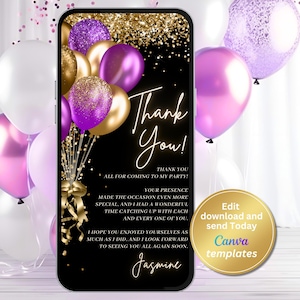 Carte de remerciement numérique d'anniversaire, modèle de remerciement ballons or violet, téléphone, message texte, modèle modifiable, téléchargement immédiat