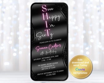 Zaproszenie na 60. urodziny dla kobiet – „So Happy I’m Sixty” – Zabawne, całkowicie czarne, cyfrowe zaproszenie – Elegancki, edytowalny szablon na telefon – Natychmiastowe pobranie