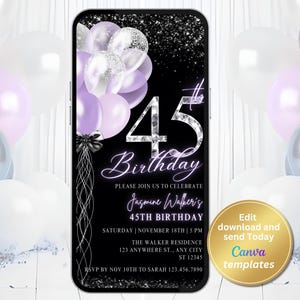 Digital 45th Birthday Party Invitation for Women, Birthday Silver Diamond Numbers, Black Purple Invite, Editable Template, Instant Download