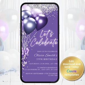 Digital Pastel Purple Birthday Party Invitation, Purple Silver Invite, Editable Template, Evite, Instant Download, Phone Evite, E-Invite