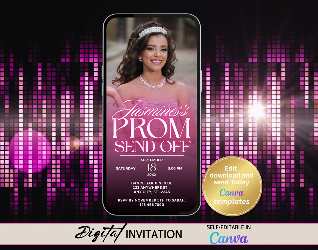 Pink Prom Send off Invitation, Glam Photo Prom Party Digital Invite ...
