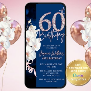 Digital Navy Blue 60th Birthday Party Invitation for Women - Rose Gold Diamond Birthday Numbers, White Orchids, - Instant Download