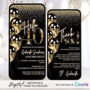 Edytowalny szablon zaproszenia urodzinowego Hello 40 w kolorze czarno-złotym z pasującą wiadomością z podziękowaniami – Eleganckie cyfrowe zaproszenie na kolację urodzinową z okazji 40. urodzin