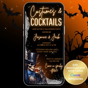 Invitation fête d&#39;Halloween pour adulte - Déguisements et cocktails numériques - Modèle modifiable sur le thème squelette - Invitation Halloween à téléchargement immédiat