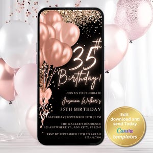 Editable 35th Birthday Invitation for Women – Rose Gold Digital Invite – Elegant Birthday Dinner or Brunch Evite – Instant Download Template