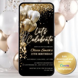 Digitale zwartgouden verjaardagsuitnodiging voor verjaardagsfeestje, gouden ballonnen, gouden glitter, telefoontekstbericht Evite, bewerkbare sjabloon, direct downloaden