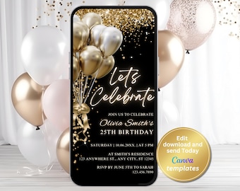 Digital Black Gold Geburtstagsfeier-Einladung, Goldballons, Gold-Glitter, Telefon-Textnachricht Evite, bearbeitbare Vorlage, Sofort-Download