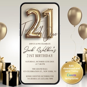 以下が含まれることがあります： 21歳の誕生日のお祝いのデジタル招待状。デザインは「21」と他の金色の風船を綴る金色のホイルバルーンが特徴です。招待状にはイベントの詳細とRSVPへの呼びかけが含まれています。金色のリボンが付いた黒いギフトボックスも存在します。